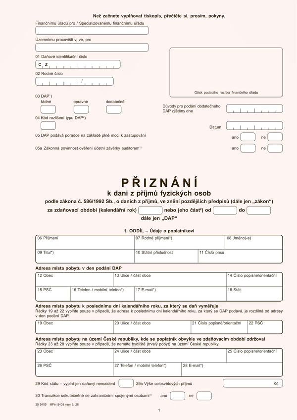 Daňové přiznání v PDF - základní